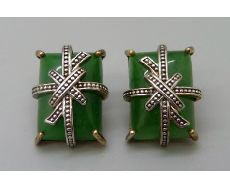 A pair of silver gilt and jade earrings 