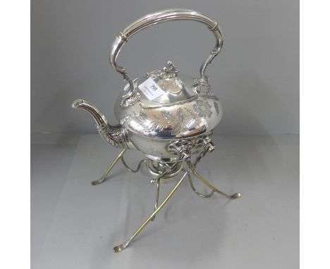 A silver plated spirit kettle and stand 