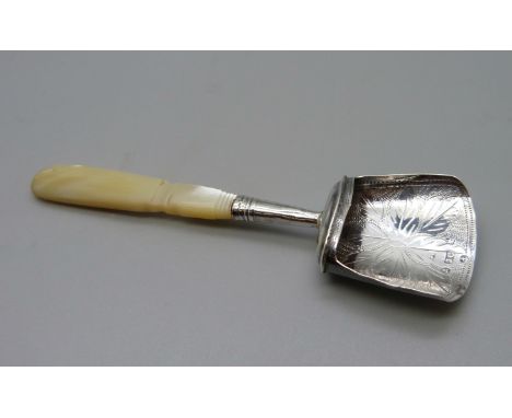 A silver caddy spoon with mother of pearl handle, Birmingham 