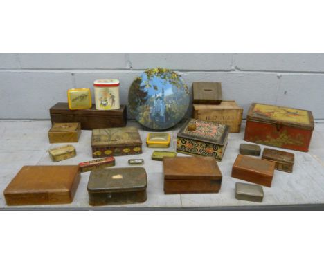 Twenty-three mixed food, beverage and tobacco boxes and tins, many vintage 