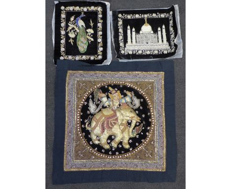 Two Indian silk tapestries, bird of paradise and Taj Mahal and a Burmese Kalaga tapestry wall hanging 