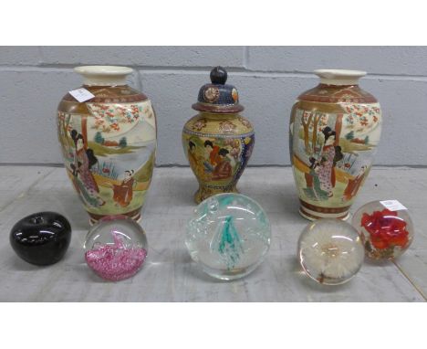 Five paperweights, Wedgwood, Caithness and three others, a pair of oriental vases, one a/f and an oriental lidded jar **PLEAS