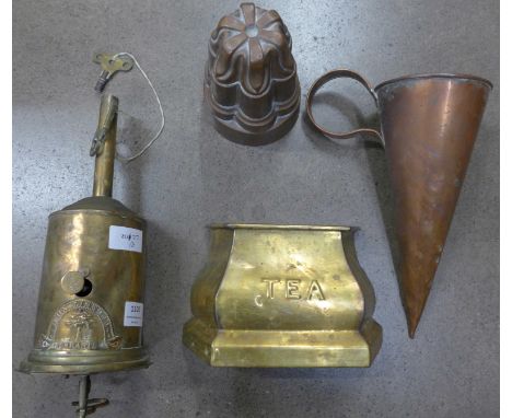 A roasting jack, an ale warmer, a tea caddy and a mould **PLEASE NOTE THIS LOT IS NOT ELIGIBLE FOR POSTING AND PACKING** 