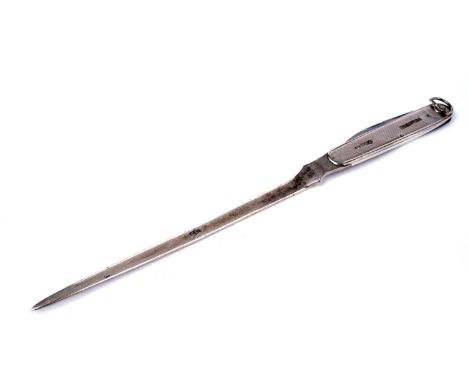 An Elizabeth II silver penknife and desk knife combined with engine-turned palettes, and a D-ring (for suspension and opening