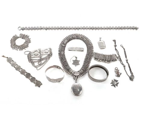 A collection of antique silver and other jewellery, including: a Victorian foliate engraved locket pendant, on choker chain n