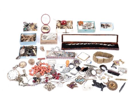 A collection of costume jewellery, including: a Waltham gold plated open face pocket watch; a Continental gilt metal fob watc
