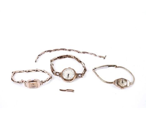 A Roamer 9ct rose gold manual wind wristwatch, with replacement white metal crown, on 9ct gold bracelet strap, 12.9g gross; t