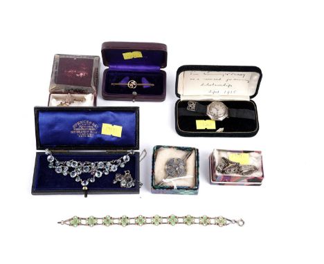 An Edwardian seed pearl flower bar brooch, stamped indistinctly '9ct', 2.5g gross; together with a selection of silver and co