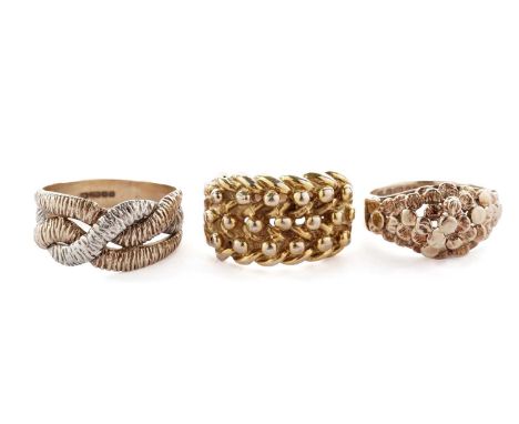 A 9ct yellow gold dress ring, of woven design, size J 1/2; and two other 9ct gold dress rings, one bi-colour, 11.5g gross.