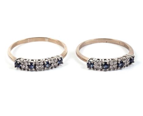 Two sapphire and diamond rings, each in 9ct yellow gold, sizes R 1/2 and W, 4.2g gross.