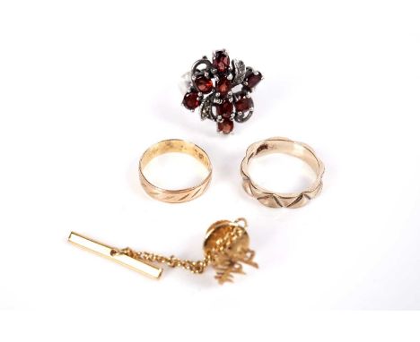Two gold rings and other jewellery, comprising: a 9ct yellow gold wedding band, size L, 3.6; a yellow gold wedding band, stam