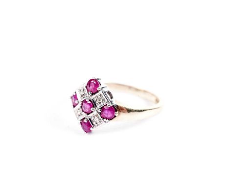 An Art Deco-style ruby and diamond dress ring, in 9ct yellow gold, size Q, 3.2g gross.