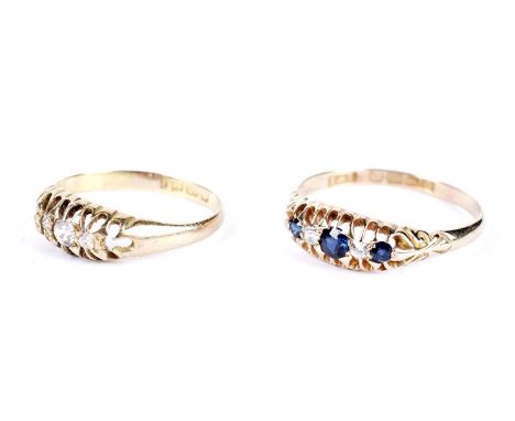 An early 20th Century blue sapphire and diamond ring, in 18ct yellow gold, size T, 2.3g gross; and a white sapphire and diamo