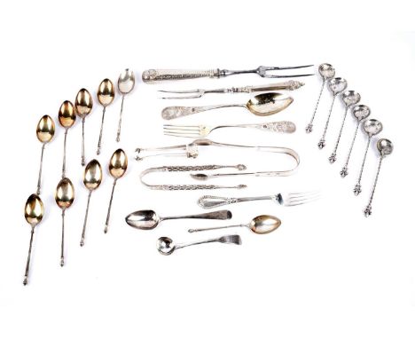 A selection of silver and other cutlery, including: a pair of Georgian silver sugar tongs, 1.8oz gross; a set of six Continen