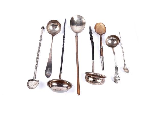 Four antique toddy ladles, including: a Georgian silver toddy ladle, likely maker Josiah Snatt, London 1801, with turned bale