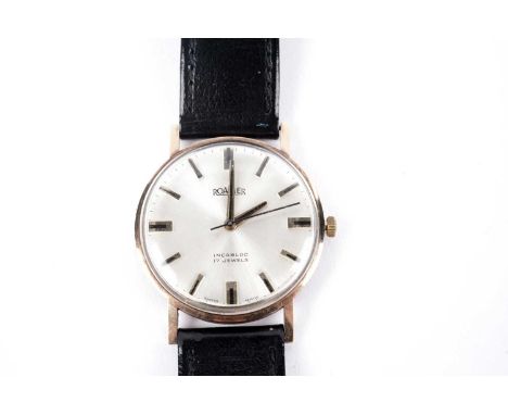 A Roamer gold cased manual wind wristwatch, with presentation inscription to reverse dated 1978, on black leather strap.