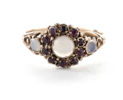 An antique opal and ruby ring, in yellow gold, unmarked (shank resized), surface tests as approximately 14ct gold, size J, 1.