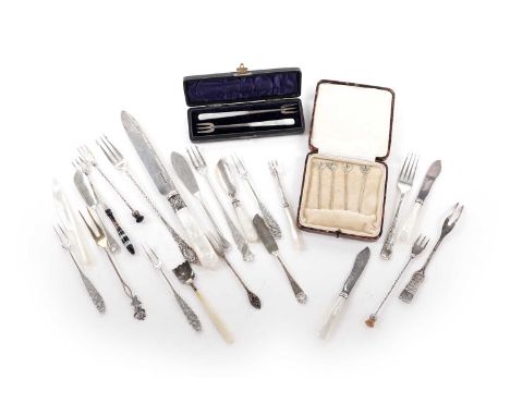 A selection of antique and later silver cutlery, including: four silver gilt cockerel pattern cocktail sticks, by Walker &amp