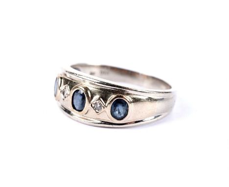 A sapphire and diamond band, in 9ct gold, size R 1/2, 4.1g gross.