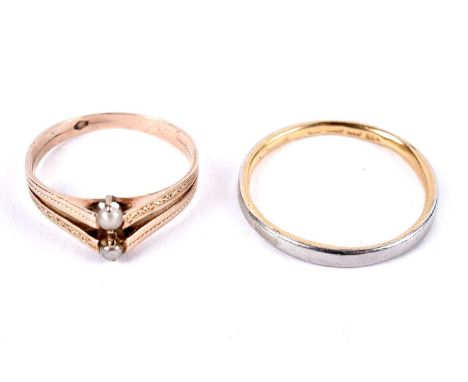 A seed pearl two stone ring, on gold shank, size L, 1.6g gross; and a white and yellow gold band, marks worn, size P 1/2, 2.7