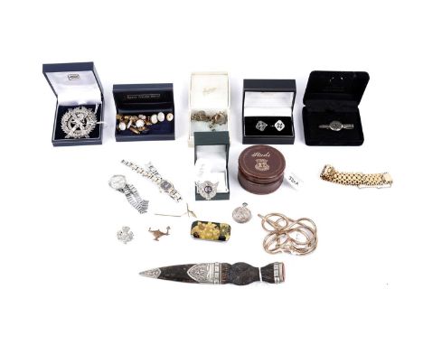 A selection of silver, costume jewellery, and accessories, including: an Ola Gorie Scottish silver tie pin, of Celtic design,