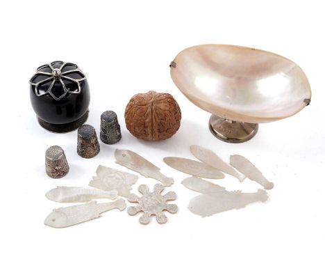 A selection of mother-of-pearl and other collectibles, including: a collection of Chinese mother-of-pearl fish gaming counter