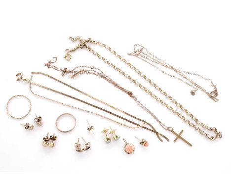 A 9ct rose gold crucifix pendant, on chain necklace, stamped '9C'; a 9ct yellow gold necklace (broken); and a gold chain neck