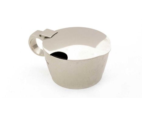 An Elizabeth II silver mustard pot, plain circular with a low-domed cover and a ring handle, blue glass, liner, by Garrard &a