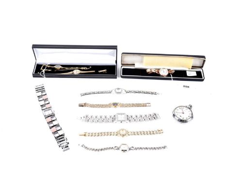 An antique 9ct rose gold manual wind wristwatch, on bracelet strap, stamped '9ct', 21.8g gross; together with a selection of 