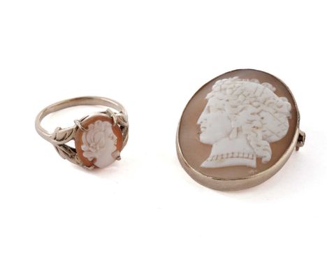 A shell cameo brooch, carved to depict the profile of a Classical lady, in yellow gold mount, stamped '9ct', 5.5g gross; and 