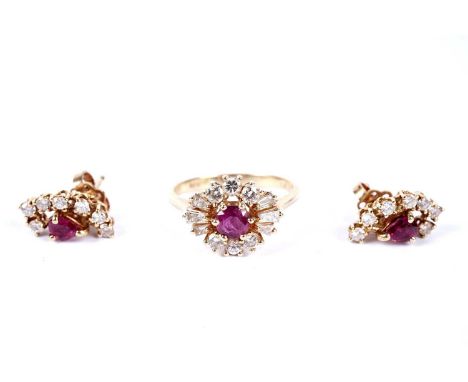 A ruby and diamond cluster dress ring, in 18ct yellow gold, size N, 3.9g gross; and a pair of ruby, diamond and 18ct yellow g