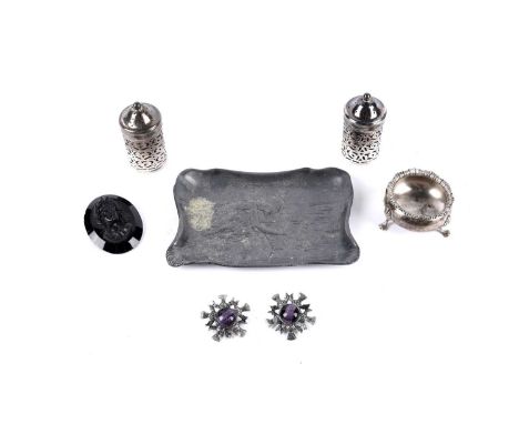 A collection of silver condiments, costume jewellery, and accessories, including: a pair of Edwardian silver pepper shakers, 