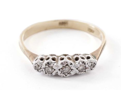 A five stone diamond ring, in white gold setting and yellow gold shank, stamped '18ct', size R, 3.0g gross.