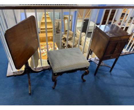 A mahogany tripod table, a stool and a washstand
