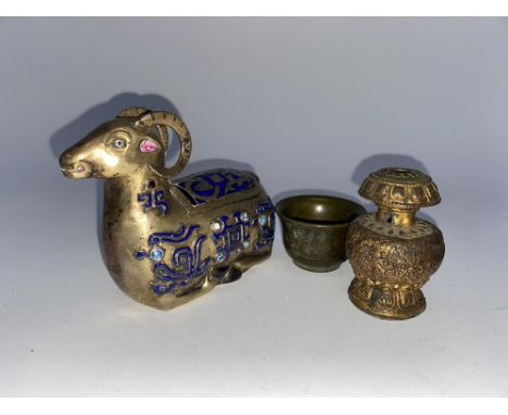 A small enamelled Chinese bronze model of a ram, W 12cm, a small bronze bowl seal mark to base, diameter 5.5cm and a gilt met