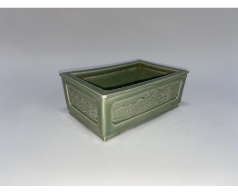 A Chinese celadon coloured rectangular planter, seal mark to the base, W 21cm, H 14cm