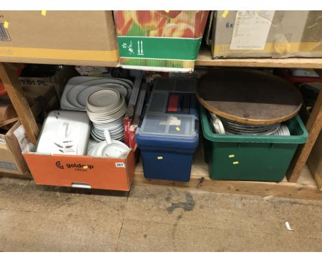 Shelf of puzzles, Denby, work box etc.