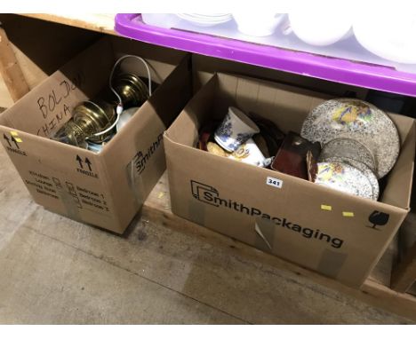 Three boxes of china, oil lamp, commemorative china etc.