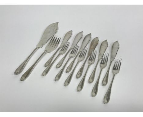 A set of six silver fish knives and forks and a silver fish slice and fork, makers mark Daniel and Arter, Birmingham, 1922, w