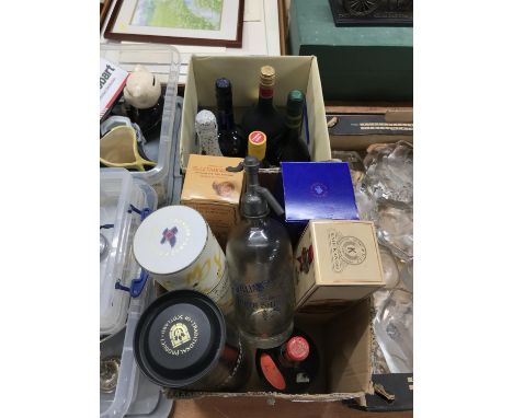 Two boxes containing Whiskey, Champagne, Cognac and a Williamson Chemicals of North Shields Soda Syphon etc.