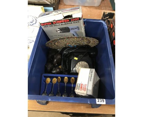 Box with black vintage telephone etc.