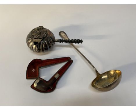 An '800' standard soup ladle, an '800' standard water pot and a silver mounted pipe, total weight 18oz (3)