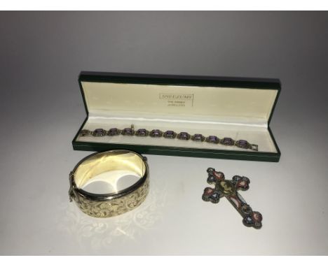 An Italian micro mosaic brooch, a silver bangle and a silver bracelet