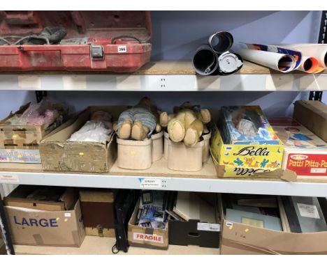 Shelf of dolls, teddies etc.