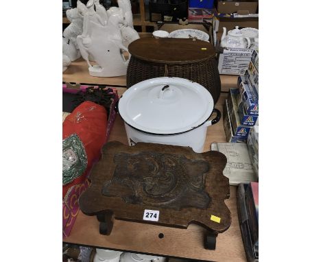 Bread bin, creel and a carved stool