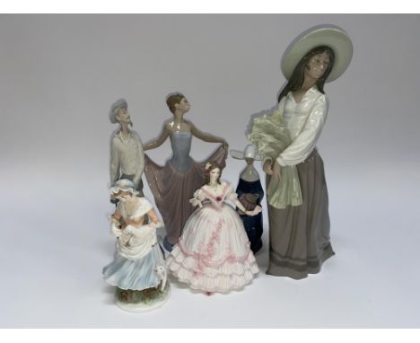 Three Lladro figures, a Nao figure and two Royal Worcester figures (6)