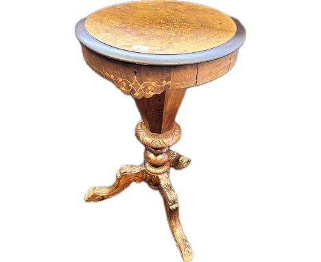 19th Century inlaid sewing box, circular top raised on a baluster column ending in a tripod base 