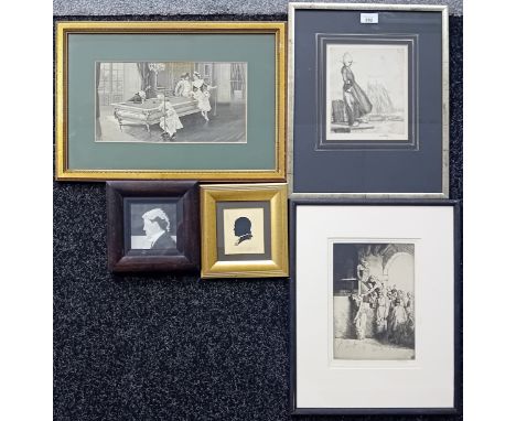 Five Art Works, Gary Anderson - Pencil drawing Titled 'An Advocate', Signed. Silhouette of a Gentleman.Late 19th century Etch