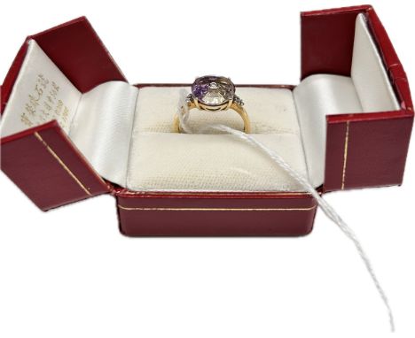 10ct yellow Gold Ring with multi coloured gem set ring, the circular gem central set diamond [weight 2.49g] size N 