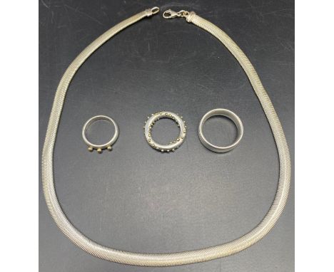 Contemporary silver necklace of flat snake link, length: 45cm broad silver; contemporary ring, marked 925, two heavy gauge si